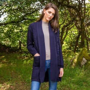 NWOT ARAN CRAFTS NAVY BLUE CABLE-KNIT OPEN CARDIGAN